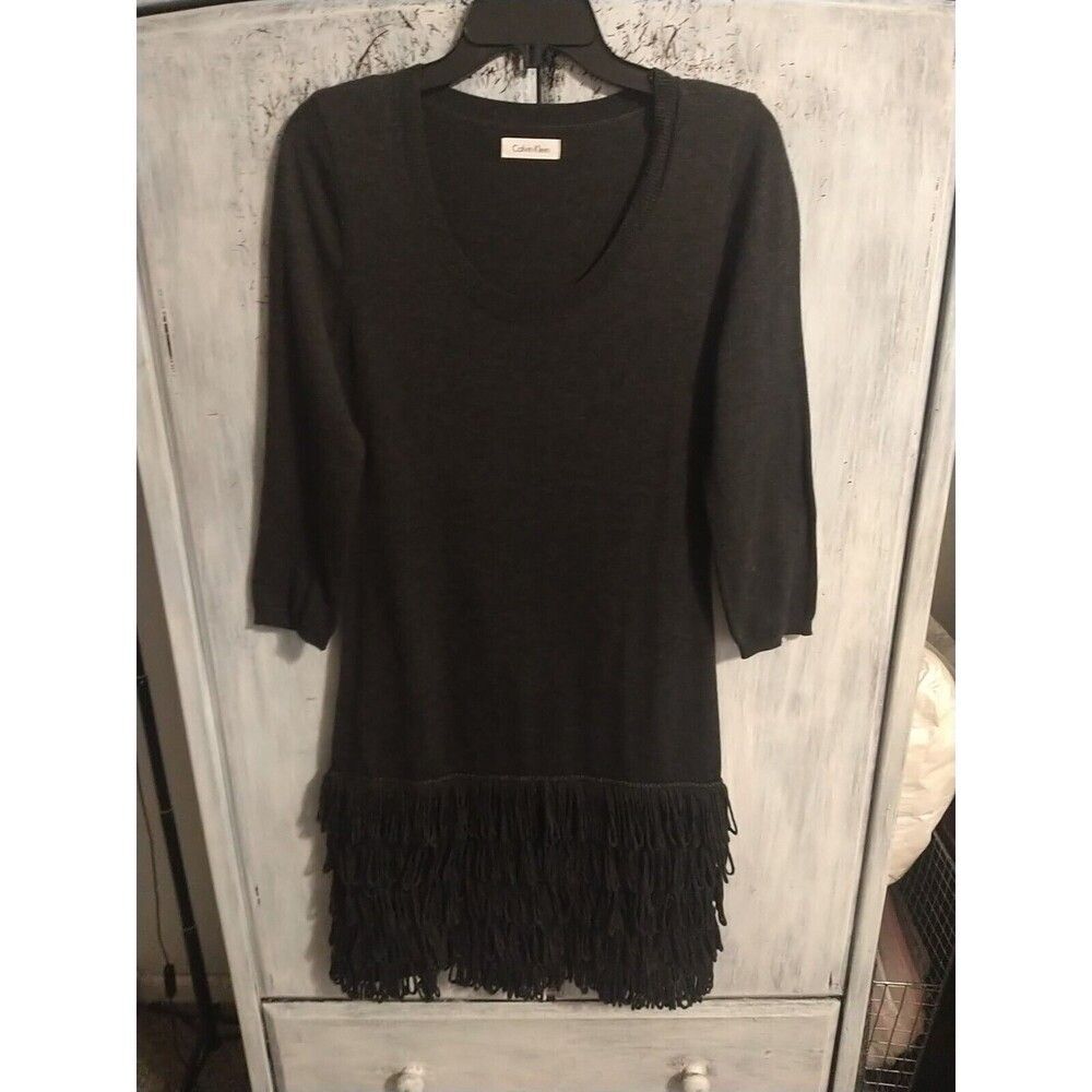 Calvin Klein Ruffle Fringed Dark Gray Sweater Size P Dress